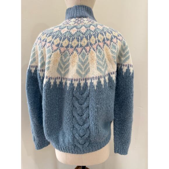 Vtg Wool Women's M Hand Knit Ski Sweater Blue Fair Isle MNZ Cottagecore Prairie - Picture 3 of 10